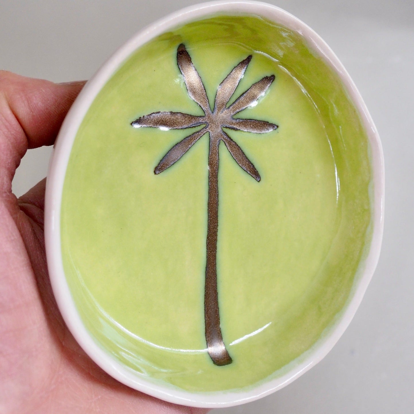 Handmade Green and Gold Ceramic Palm Tree Ring Dish