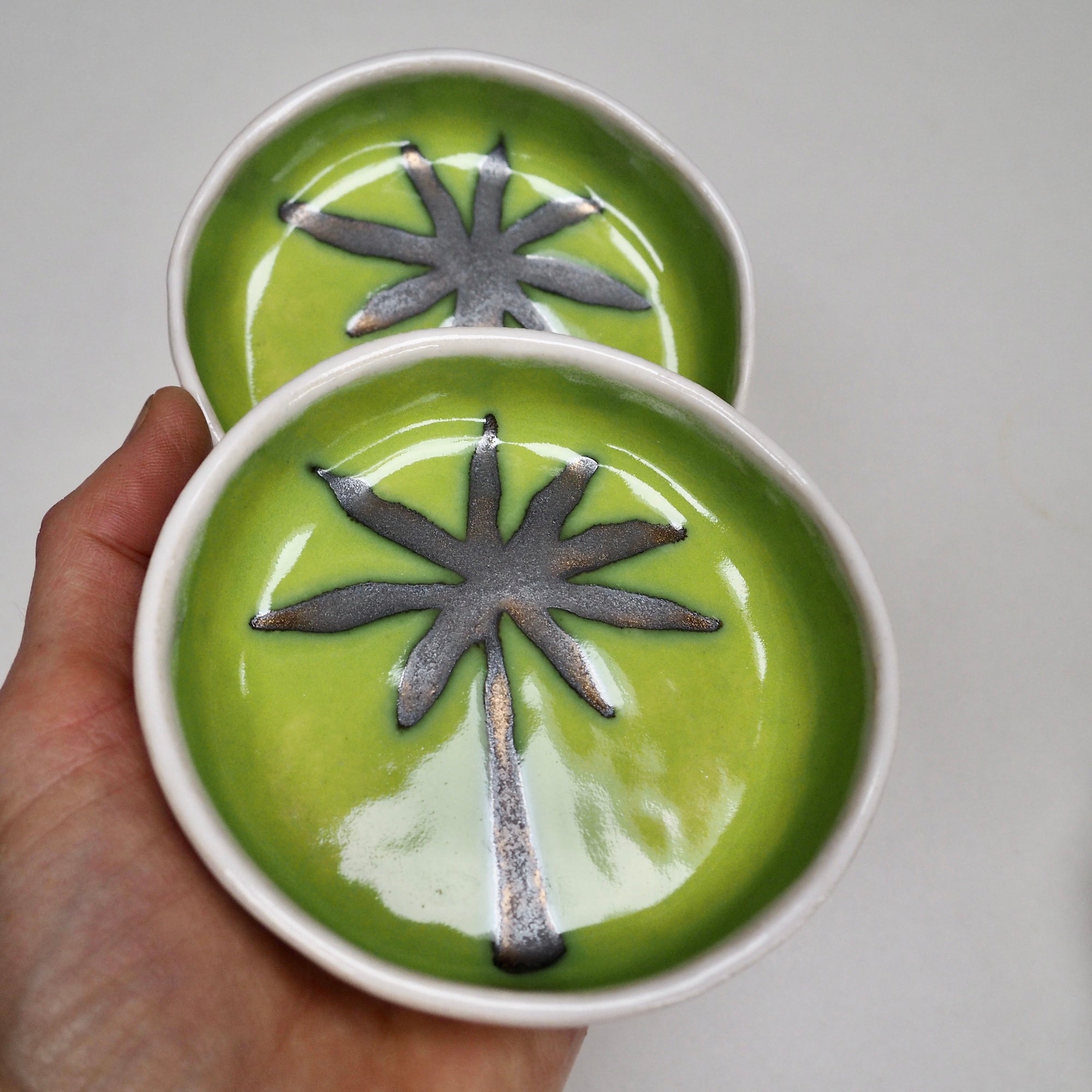Handmade Green and Gold Ceramic Palm Tree Ring Dish
