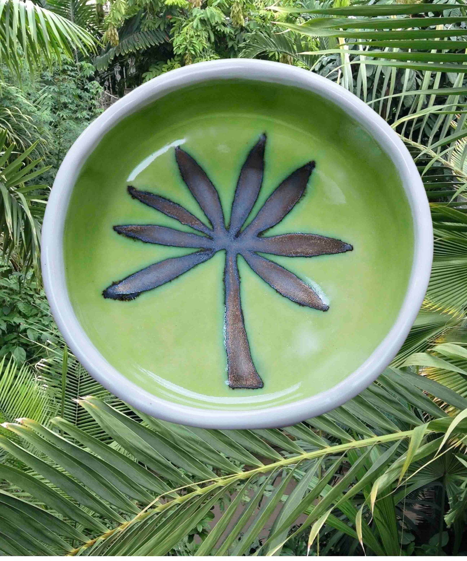 Handmade Green and Gold Ceramic Palm Tree Ring Dish