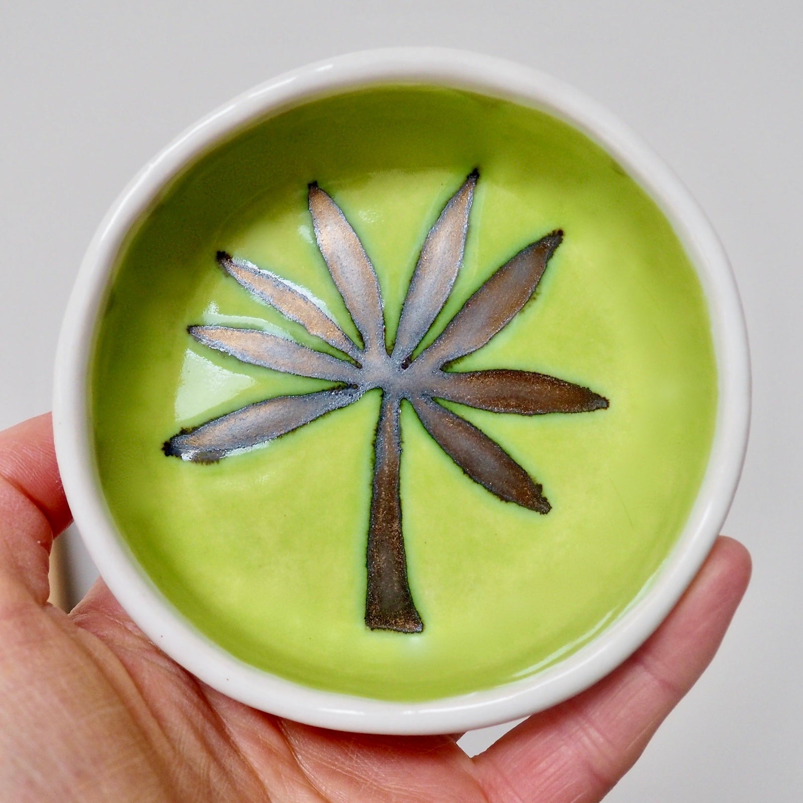 Handmade Green and Gold Ceramic Palm Tree Ring Dish