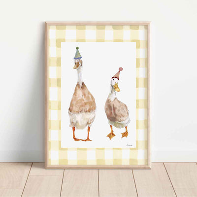 indian runner ducks illustrated with birthday hats on a gingham background. The Perfect Birthday Gift, Nursery playroom wall art.