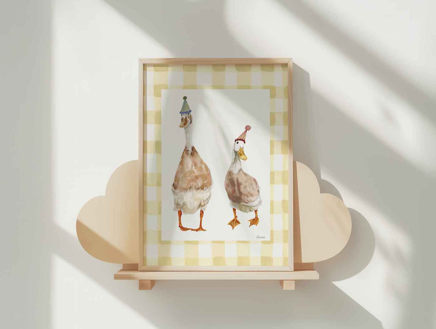 indian runner ducks illustrated with birthday hats on a gingham background. The Perfect Birthday Gift, Nursery playroom wall art.