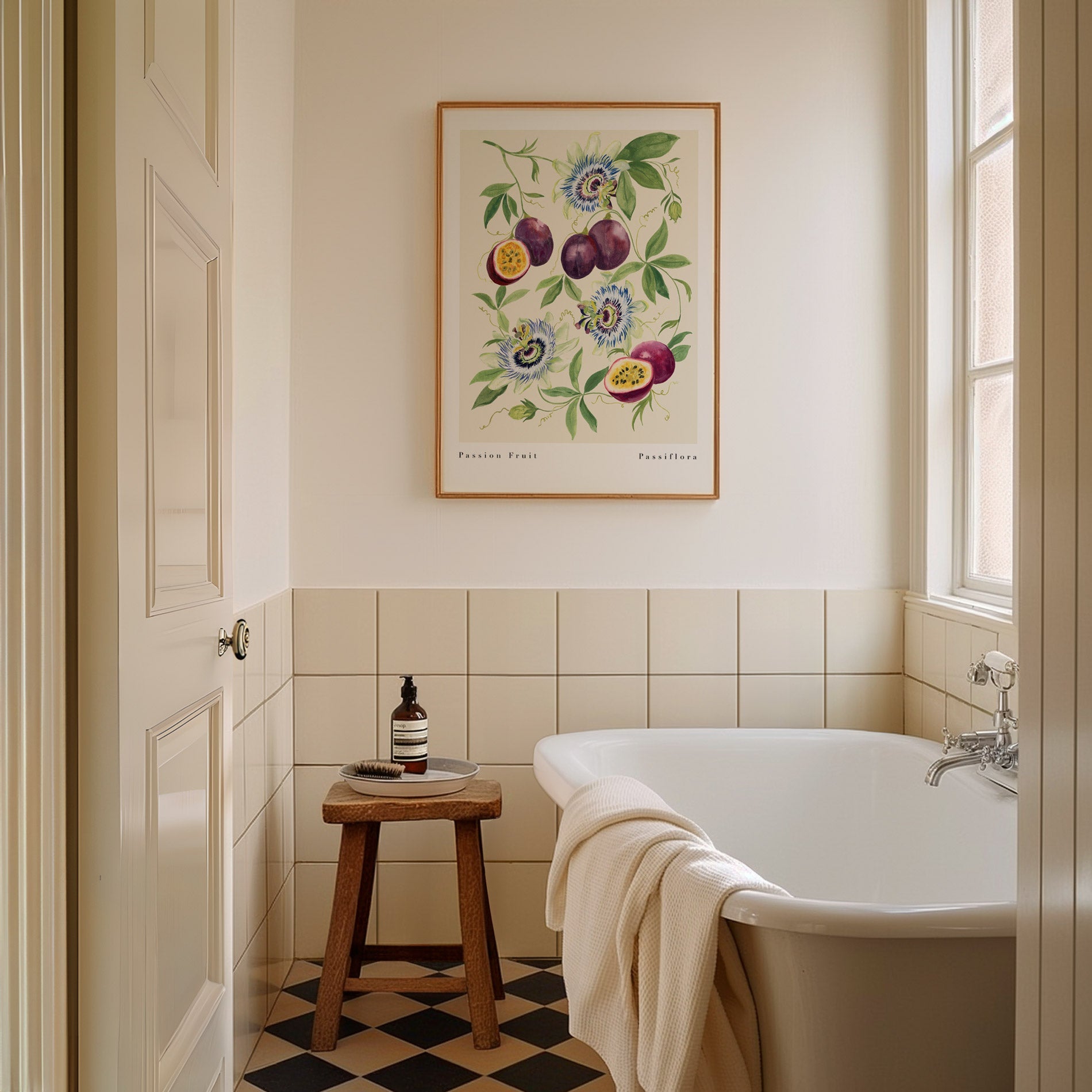 vintage style passionfruit flower art print styled in bathroom 