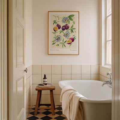 vintage style passionfruit flower art print styled in bathroom 