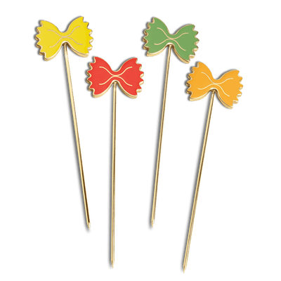 OCTAEVO Pasta Party Cocktail Picks (Set of 4): gold-plated picks topped with colorful bowtie pasta for festive appetizers.