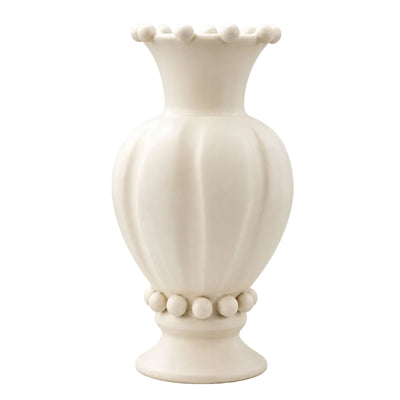 Handmade Pearl sculptural ceramic vase in matte white with fluted body and decorative spherical details, front view.