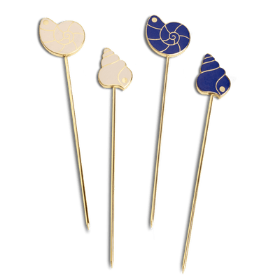 OCTAEVO Pearl Shell Cocktail Picks (Set of 4) feature gold plating with blue and white enamel seashell tops.