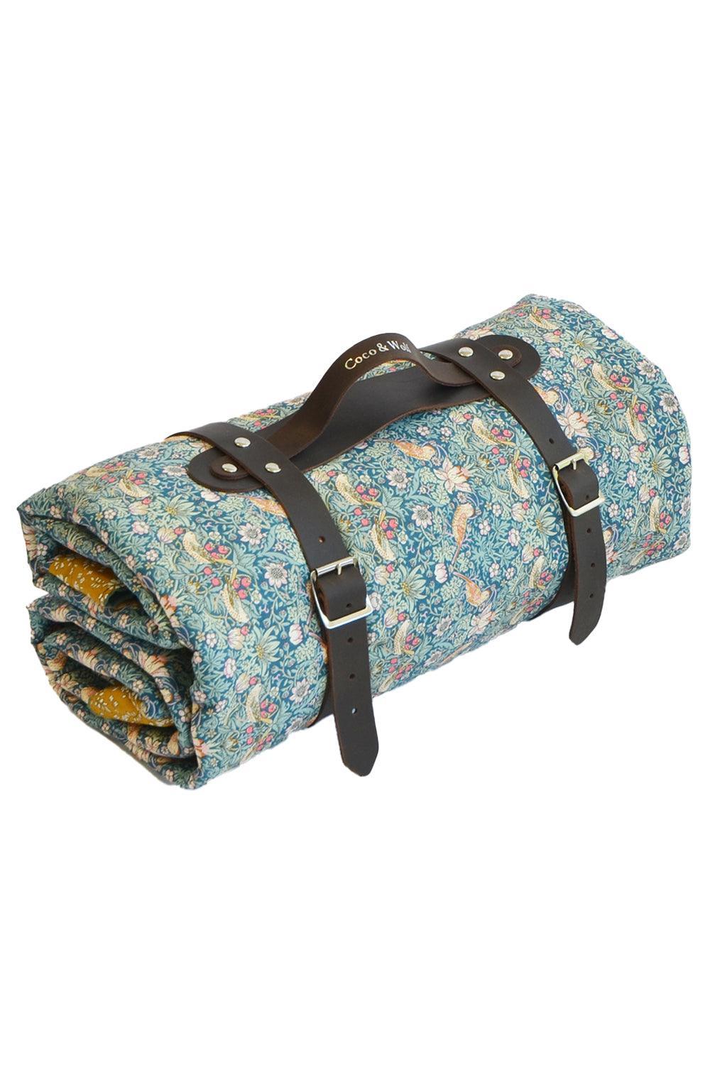 Picnic Blanket made with Liberty Fabric STRAWBERRY THIEF & CAPEL MUSTARD