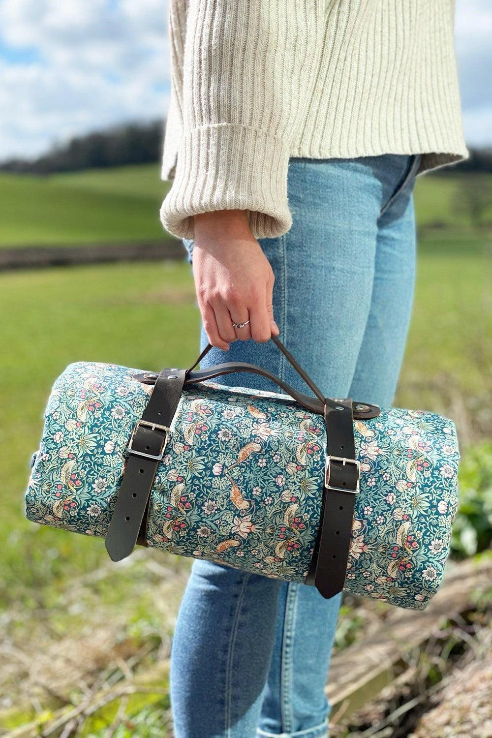Picnic Blanket made with Liberty Fabric STRAWBERRY THIEF & CAPEL MUSTARD