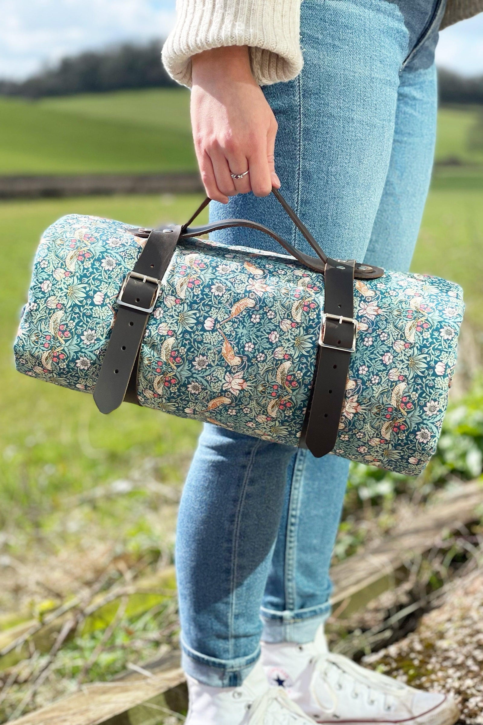 Picnic Blanket made with Liberty Fabric STRAWBERRY THIEF & CAPEL MUSTARD