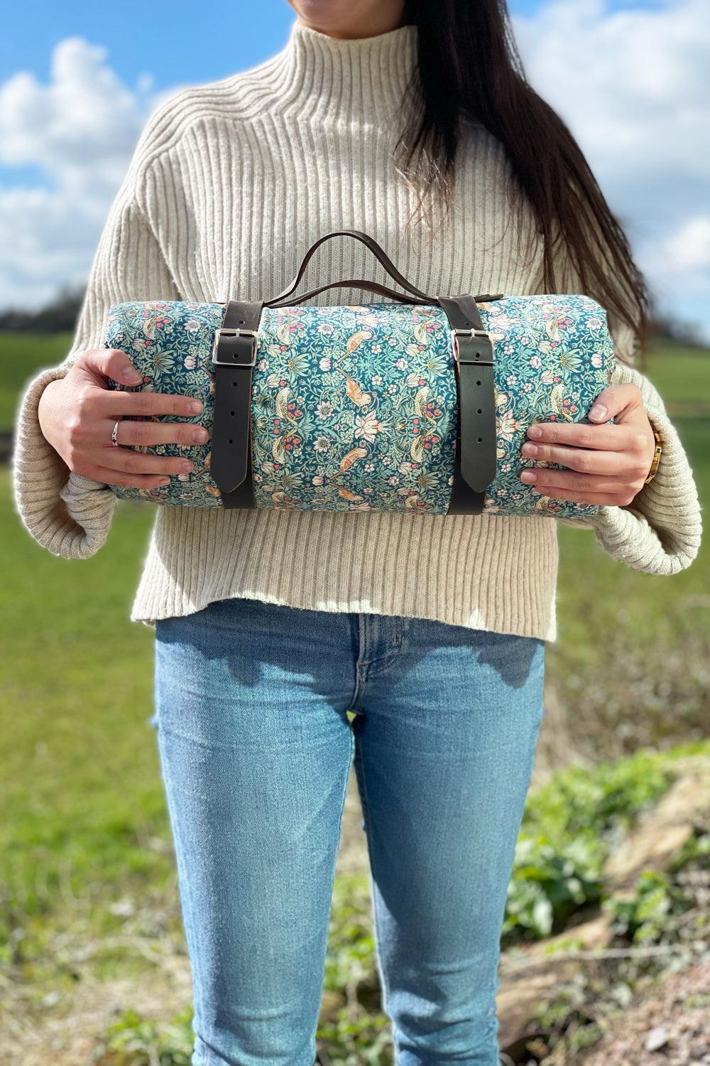 Picnic Blanket made with Liberty Fabric STRAWBERRY THIEF & CAPEL MUSTARD