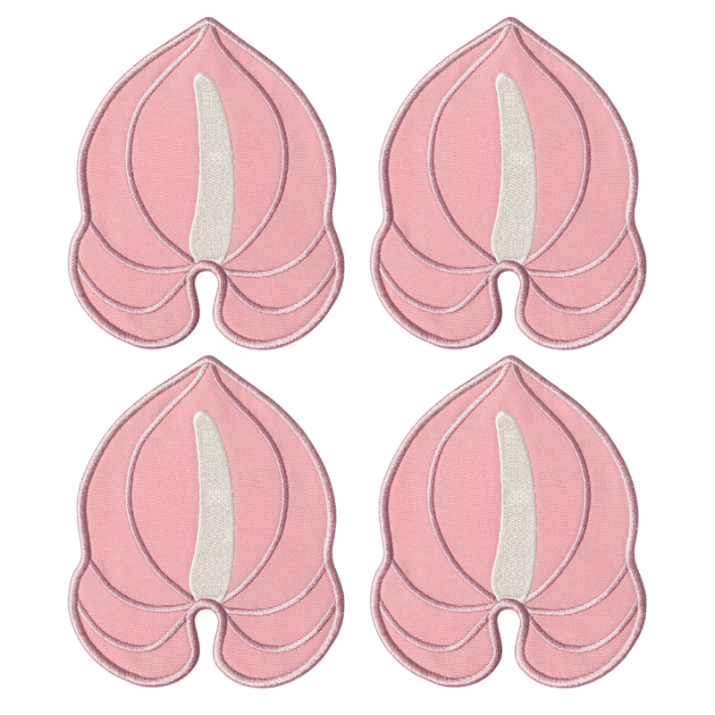 Set of 4 Octaevo Pink Anthurium Coasters with a stylized floral design, displayed on a white background.
