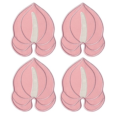 Set of 4 Octaevo Pink Anthurium Coasters with a stylized floral design, displayed on a white background.
