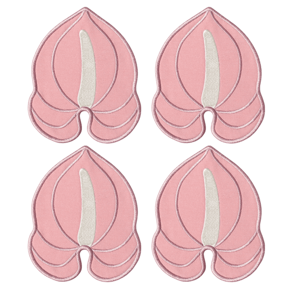Set of 4 Octaevo Pink Anthurium Coasters with a stylized floral design, displayed on a white background.