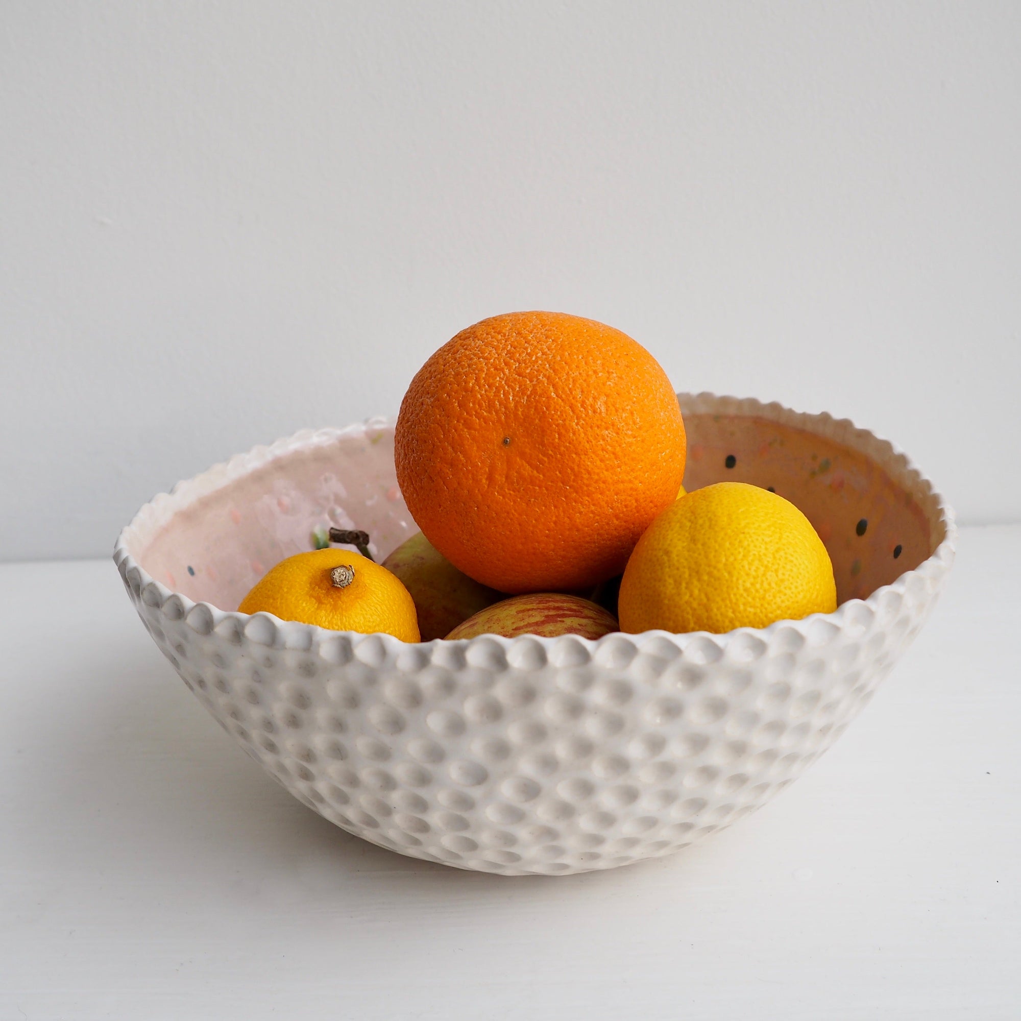 Handmade Pastel Pink Circle Texture Ceramic Fruit Bowl With Splatter Pattern