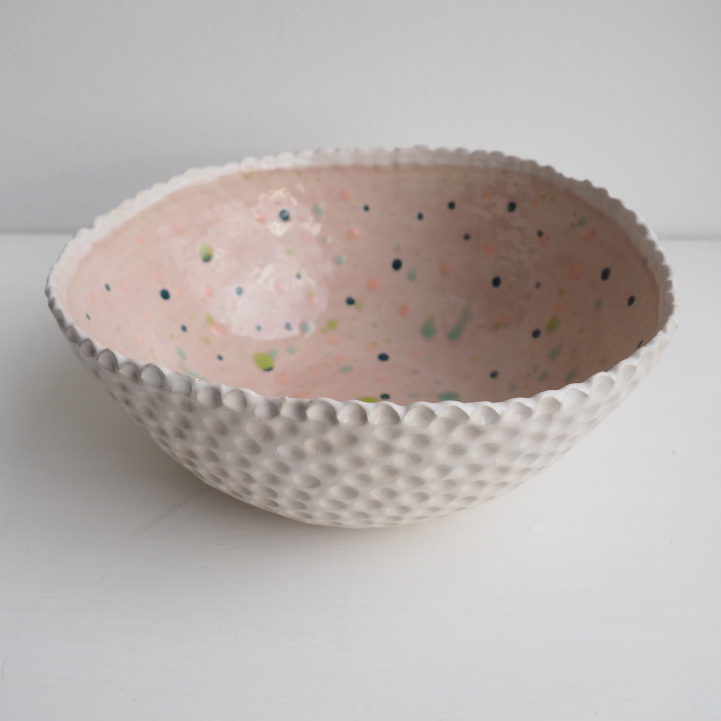 Handmade Pastel Pink Circle Texture Ceramic Fruit Bowl With Splatter Pattern