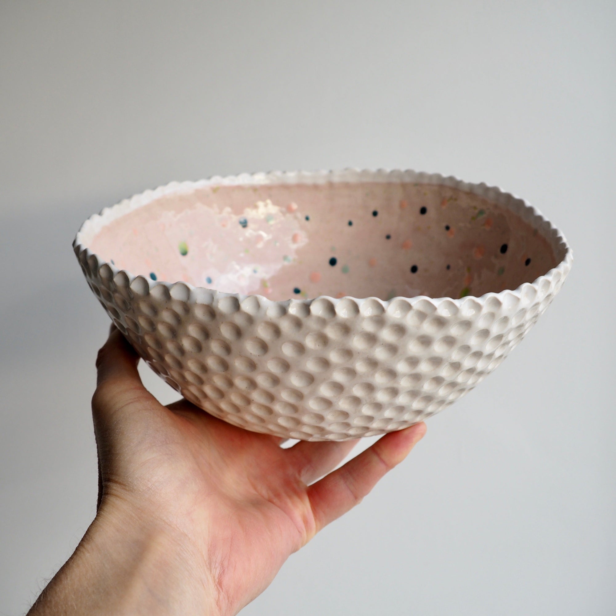 Handmade Pastel Pink Circle Texture Ceramic Fruit Bowl With Splatter Pattern