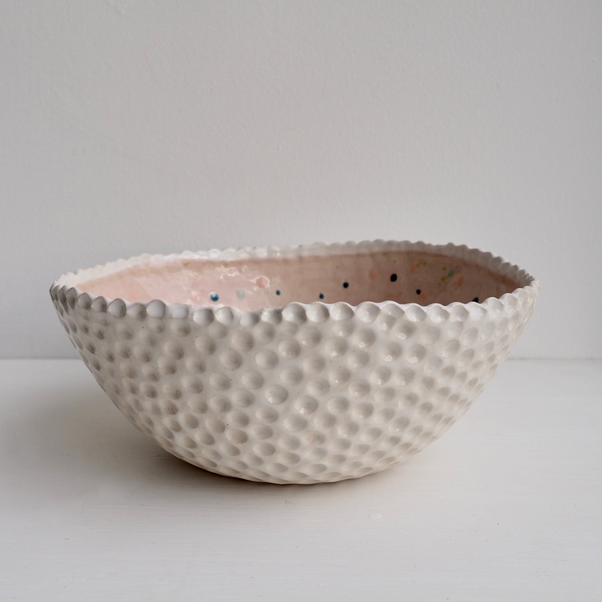 Handmade Pastel Pink Circle Texture Ceramic Fruit Bowl With Splatter Pattern