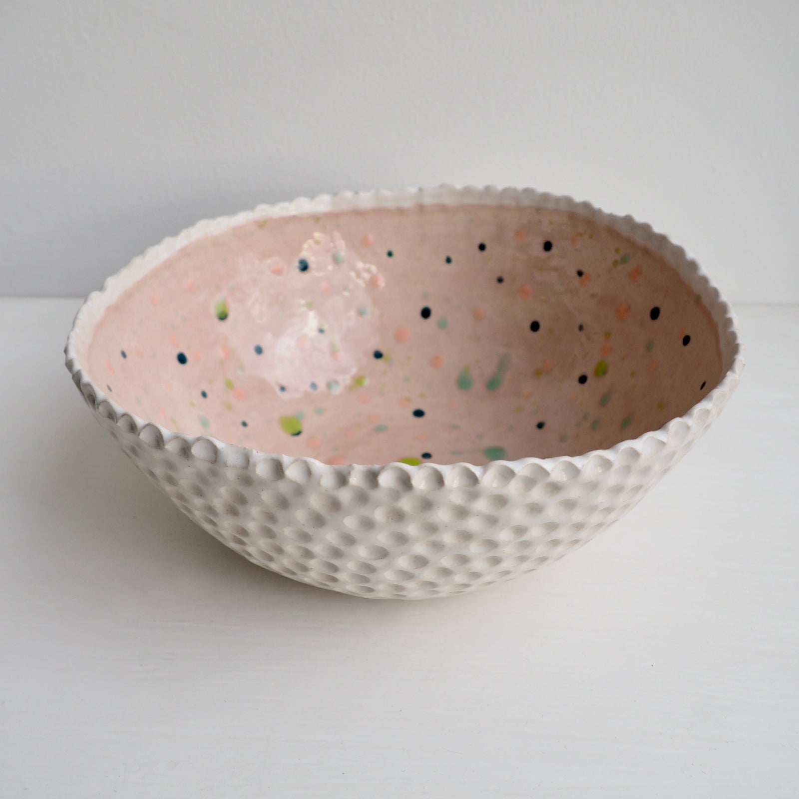 Handmade Pastel Pink Circle Texture Ceramic Fruit Bowl With Splatter Pattern