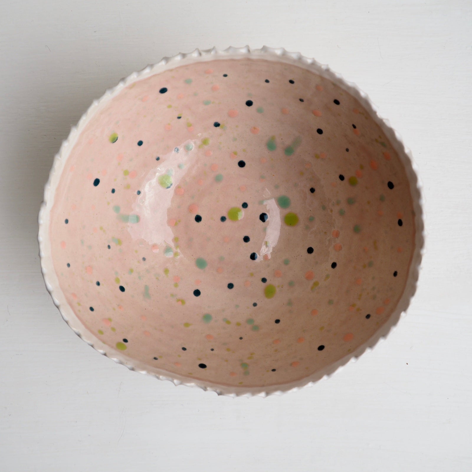 Handmade Pastel Pink Circle Texture Ceramic Fruit Bowl With Splatter Pattern