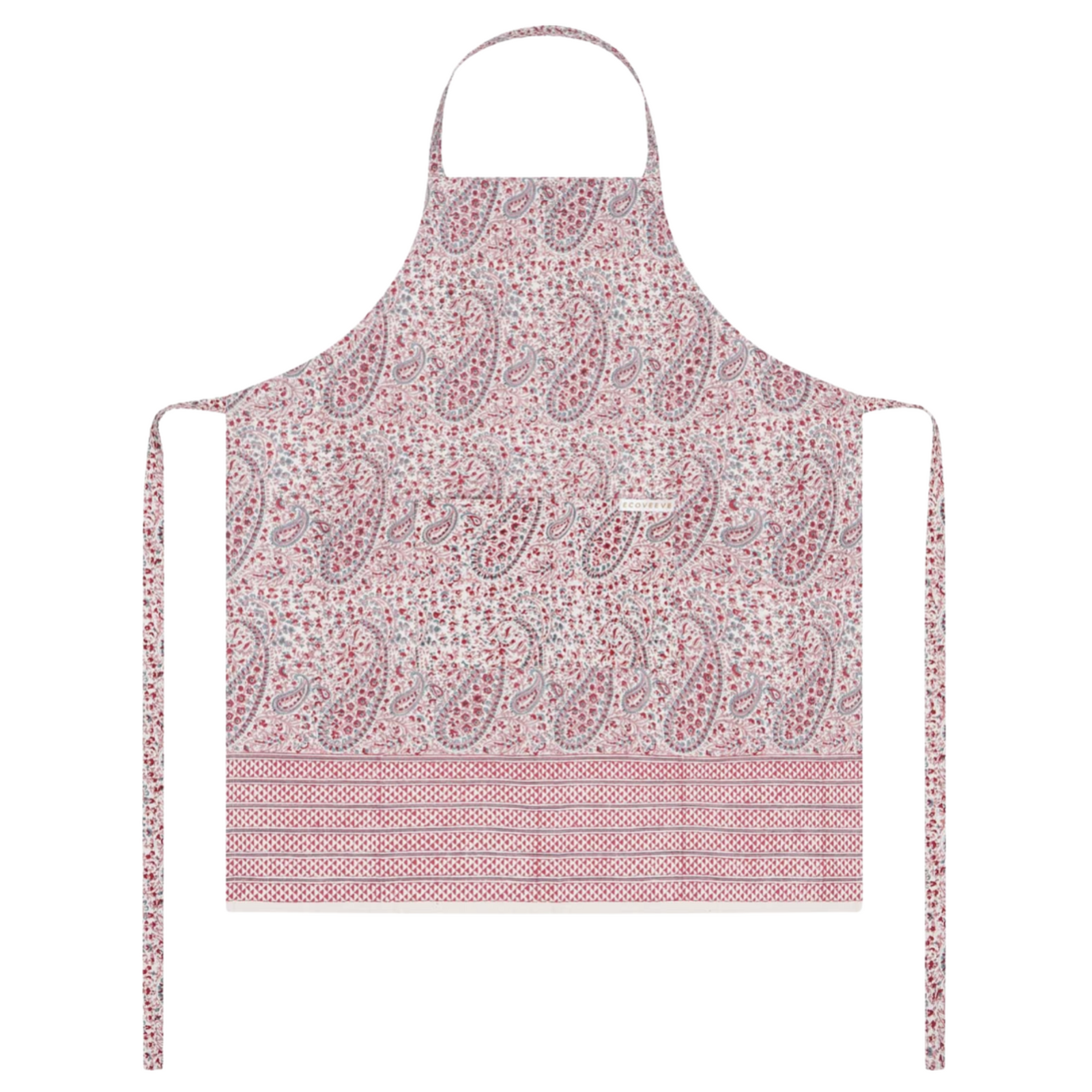 Pink paisley patterned block printed apron on a white background