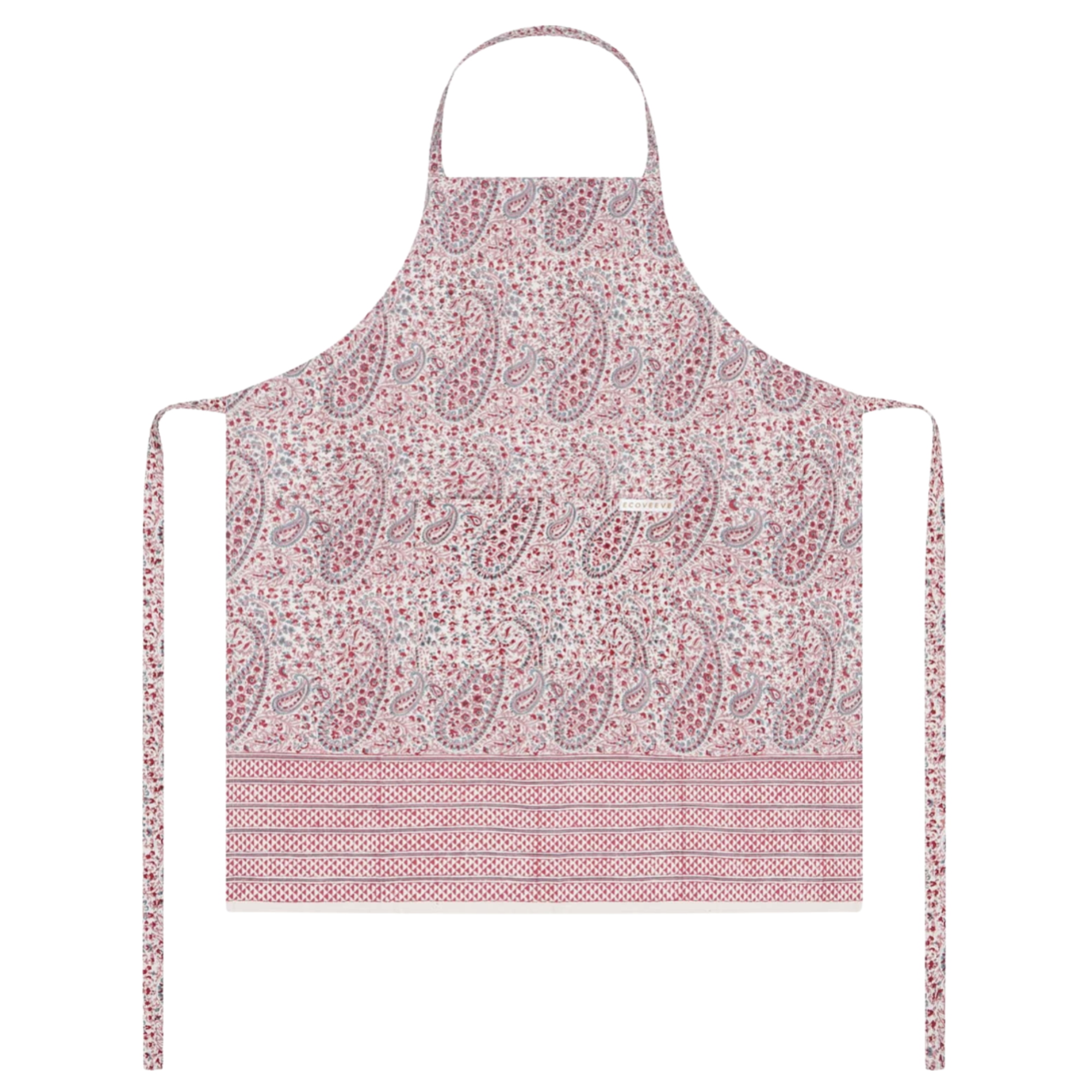 Pink paisley patterned block printed apron on a white background