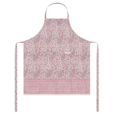 Pink paisley patterned block printed apron on a white background