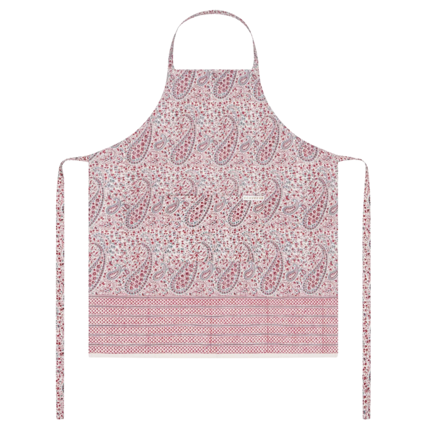 Pink paisley patterned block printed apron on a white background