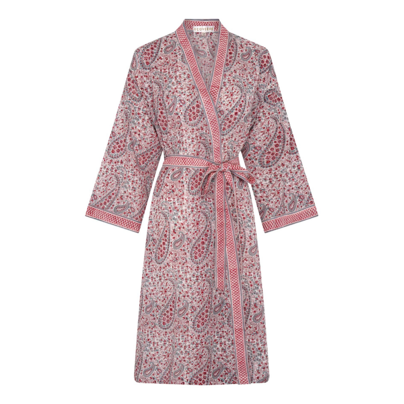 A pink and red hand block printed dressing robe with a belt, displayed on a plain background