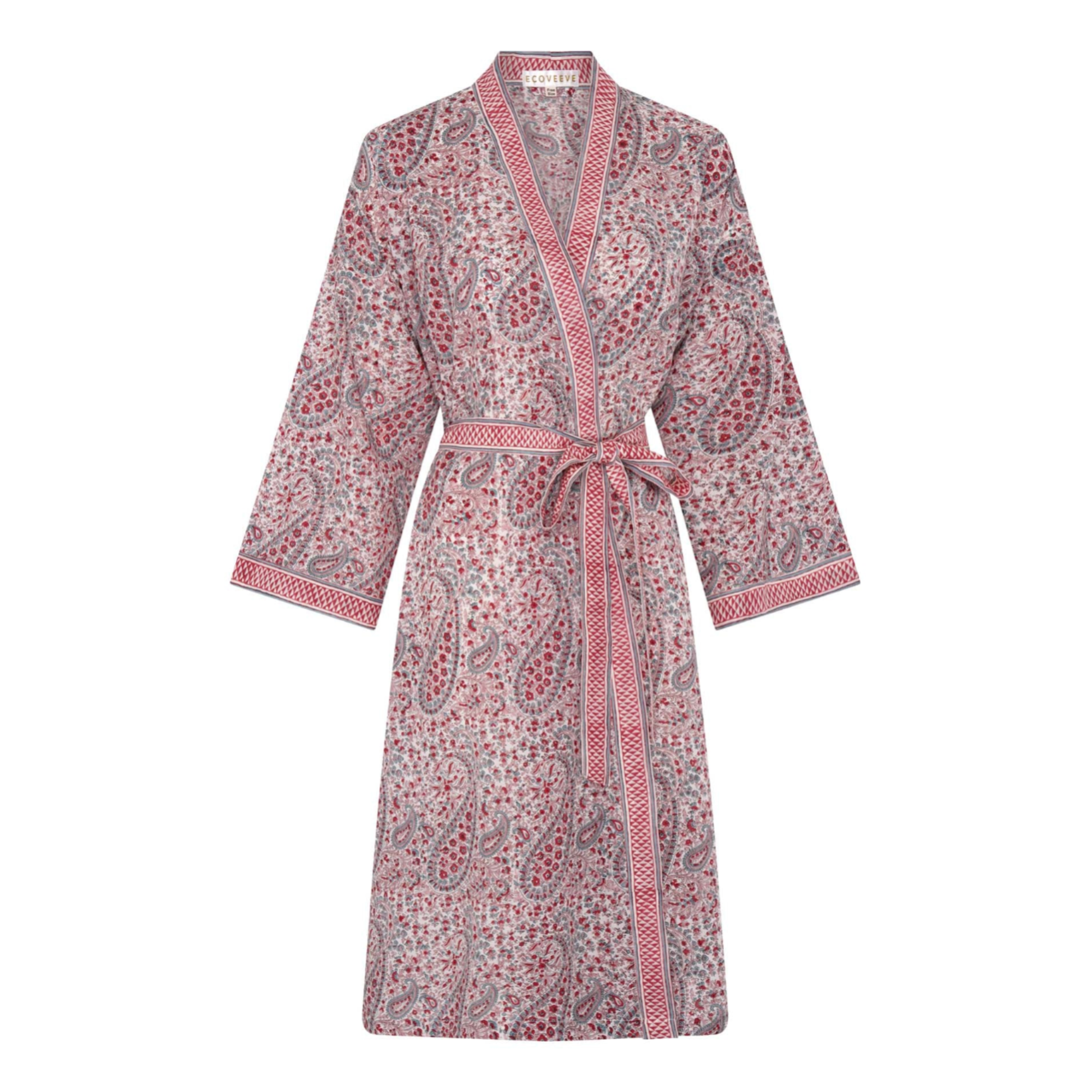 A pink and red hand block printed dressing robe with a belt, displayed on a plain background