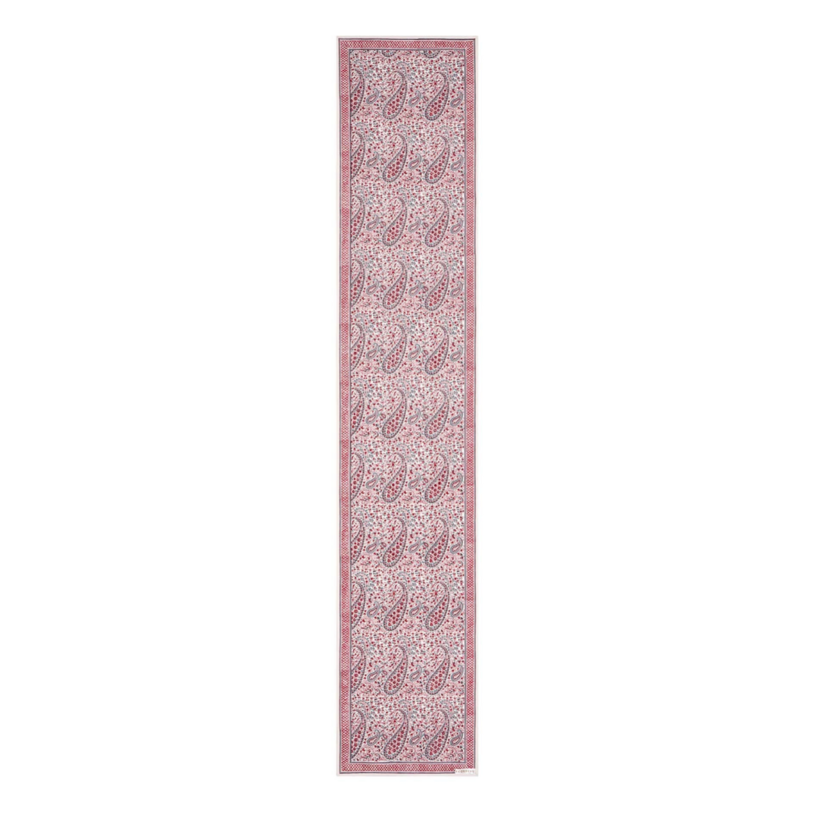 Long narrow block printed paisley design pink and white patterned table runner on a white background