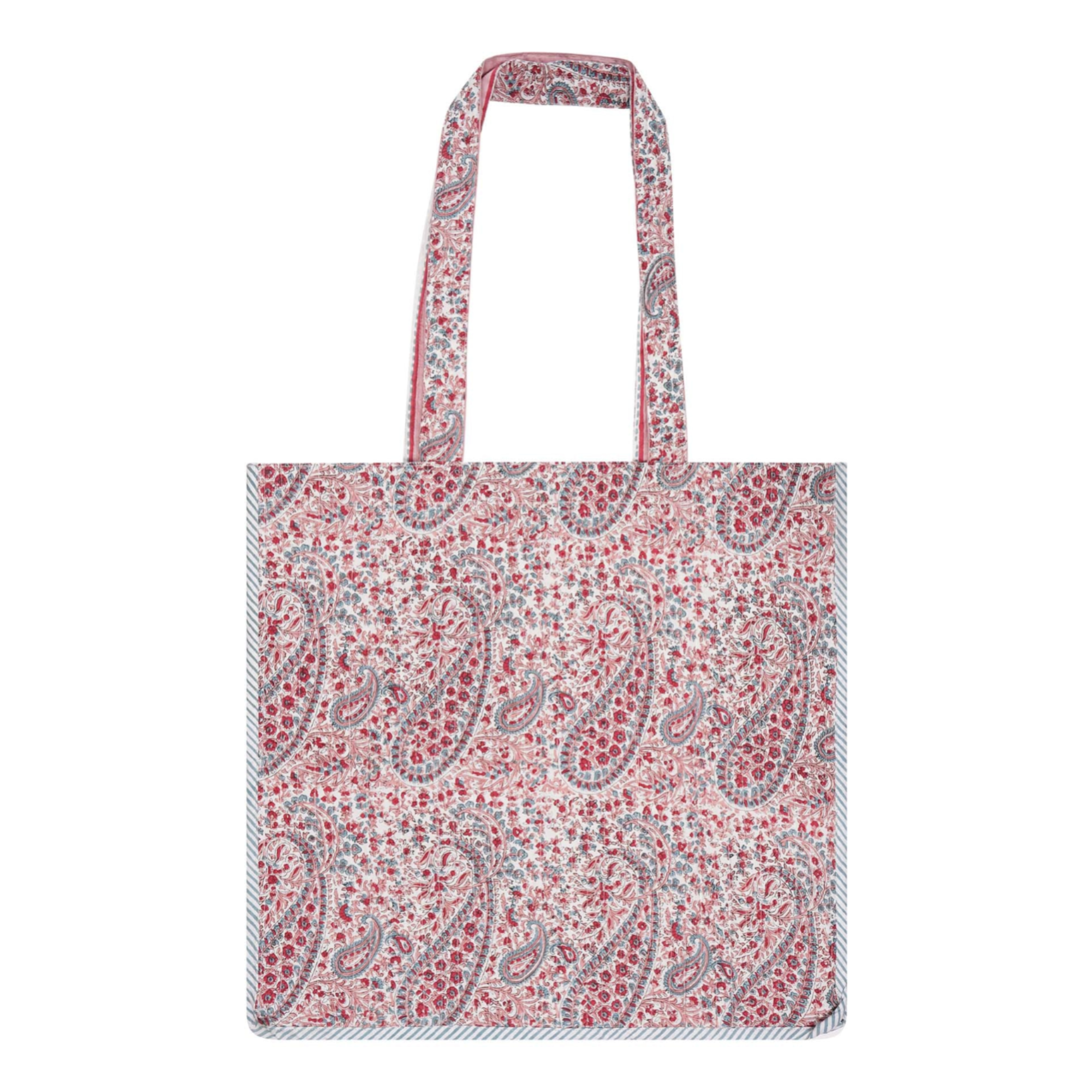 A pink paisley block-printed cotton tote bag with contrast trim