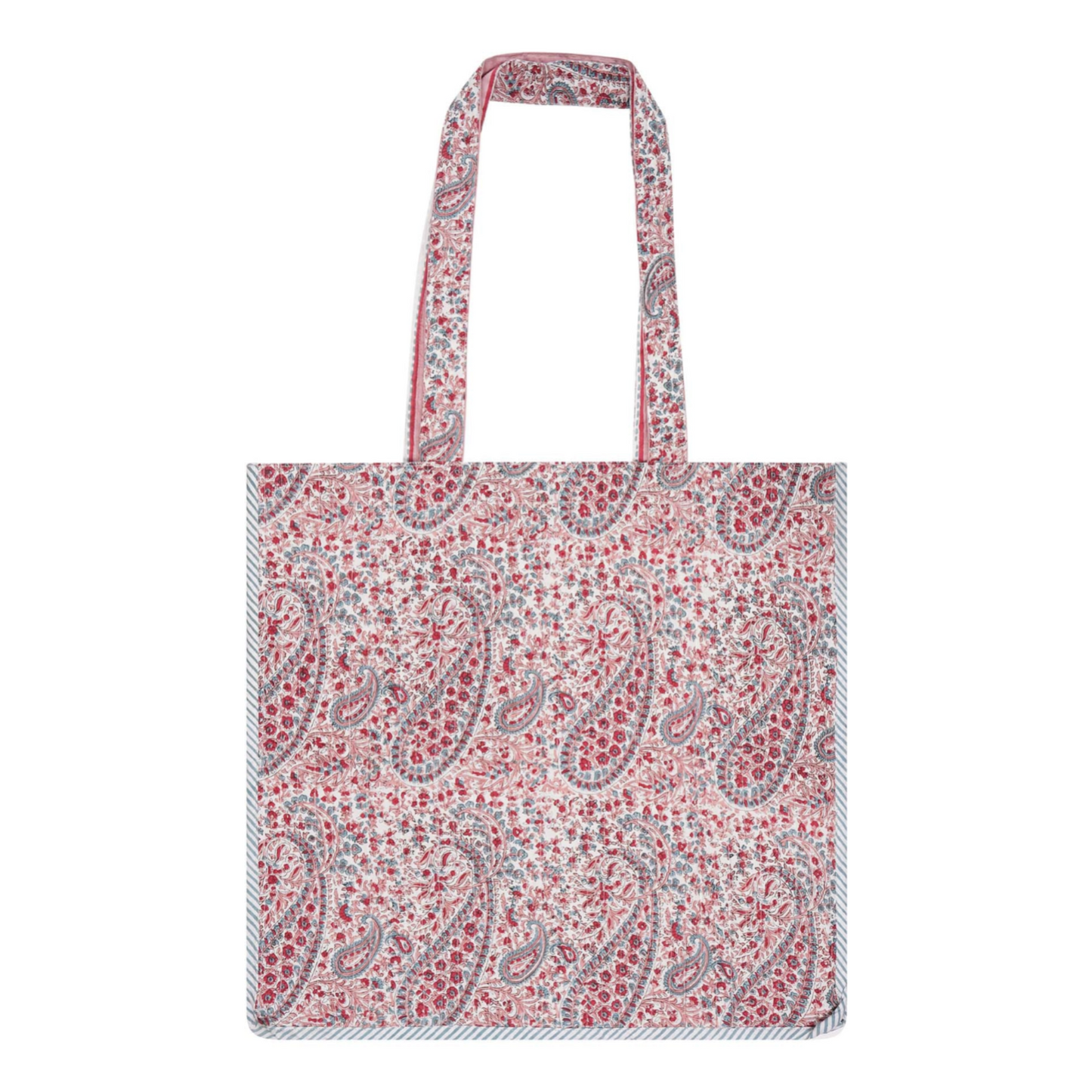 A pink paisley block-printed cotton tote bag with contrast trim