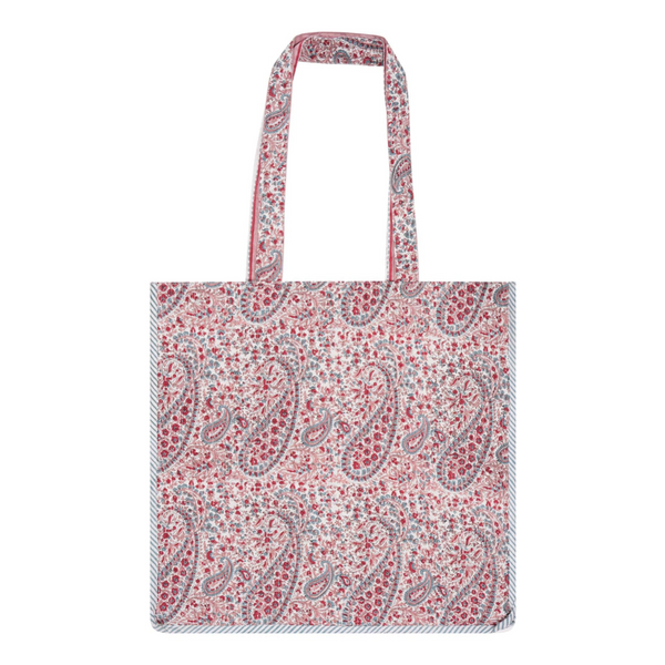 A pink paisley block-printed cotton tote bag with contrast trim
