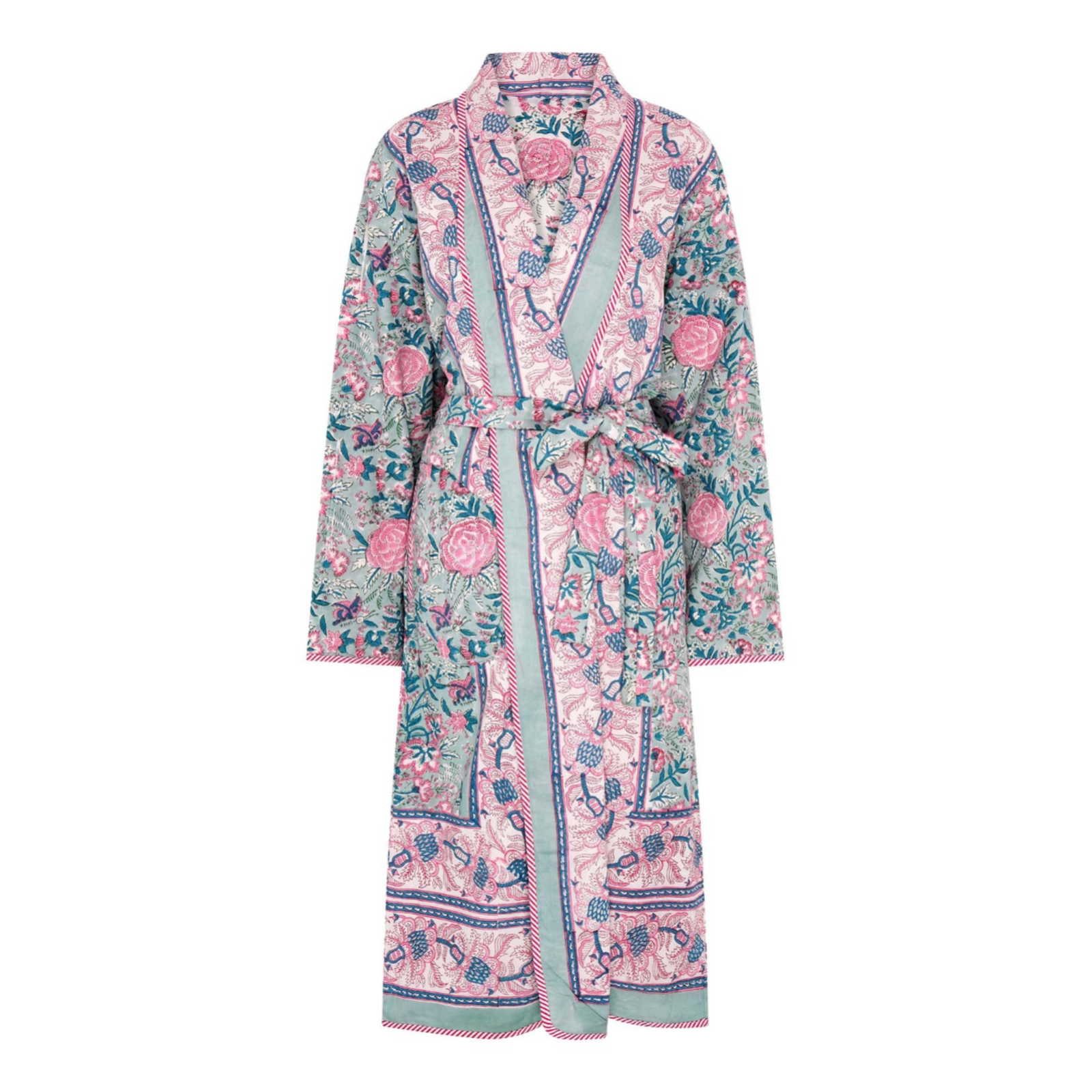 Reversible pink and green floral block printed robe