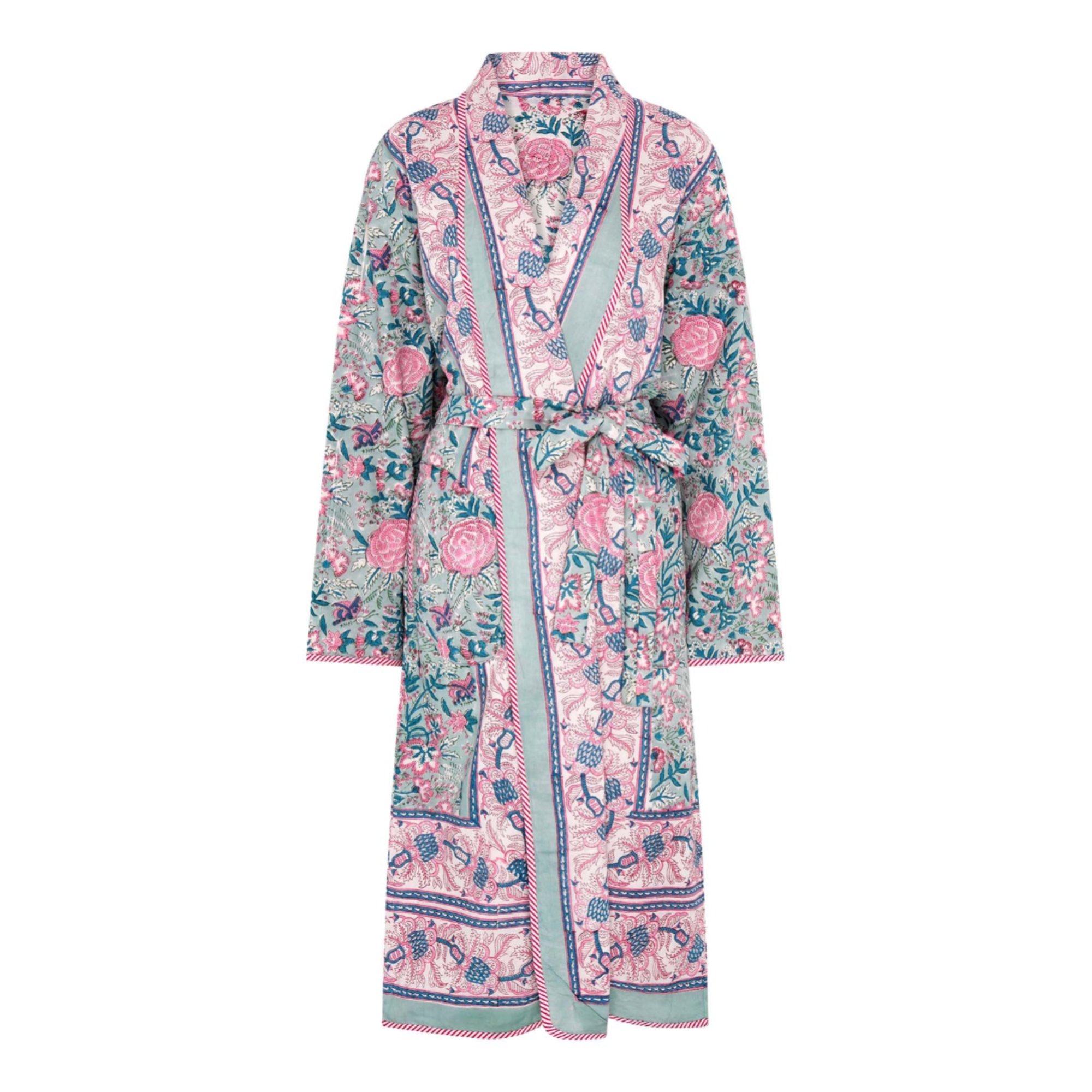 Reversible pink and green floral block printed robe