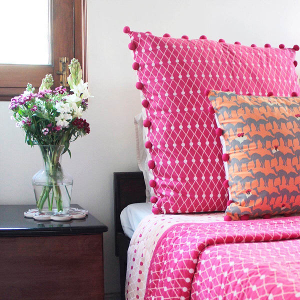 Pink Pom Pom Net Block Cushion Cover - 45 x 45 cm