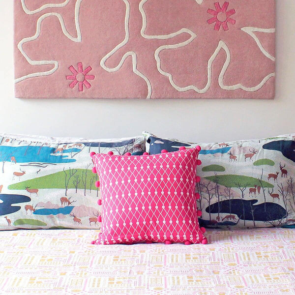 Pink Pom Pom Net Block Cushion Cover - 45 x 45 cm