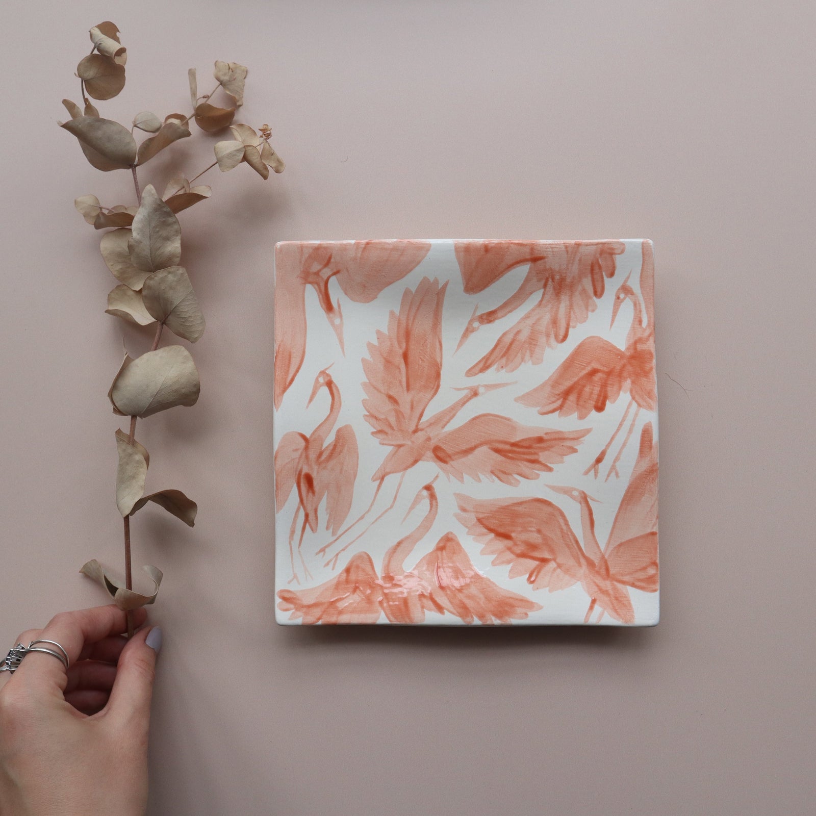 Large Hand Painted Heron Trinket Dish - Coral
