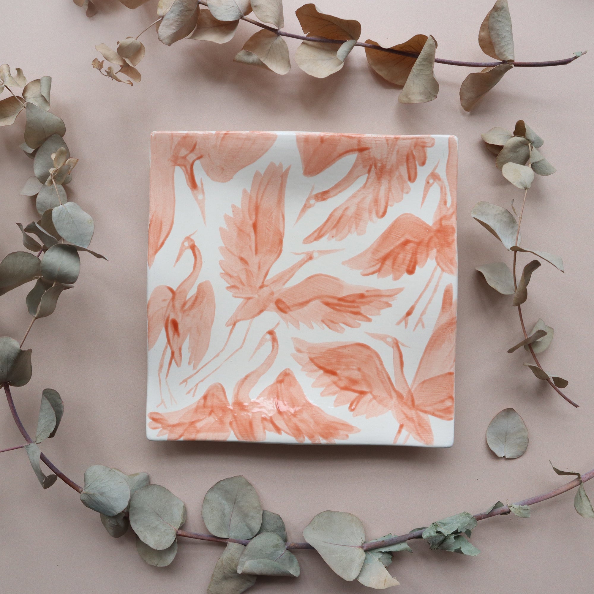 Large Hand Painted Heron Trinket Dish - Coral