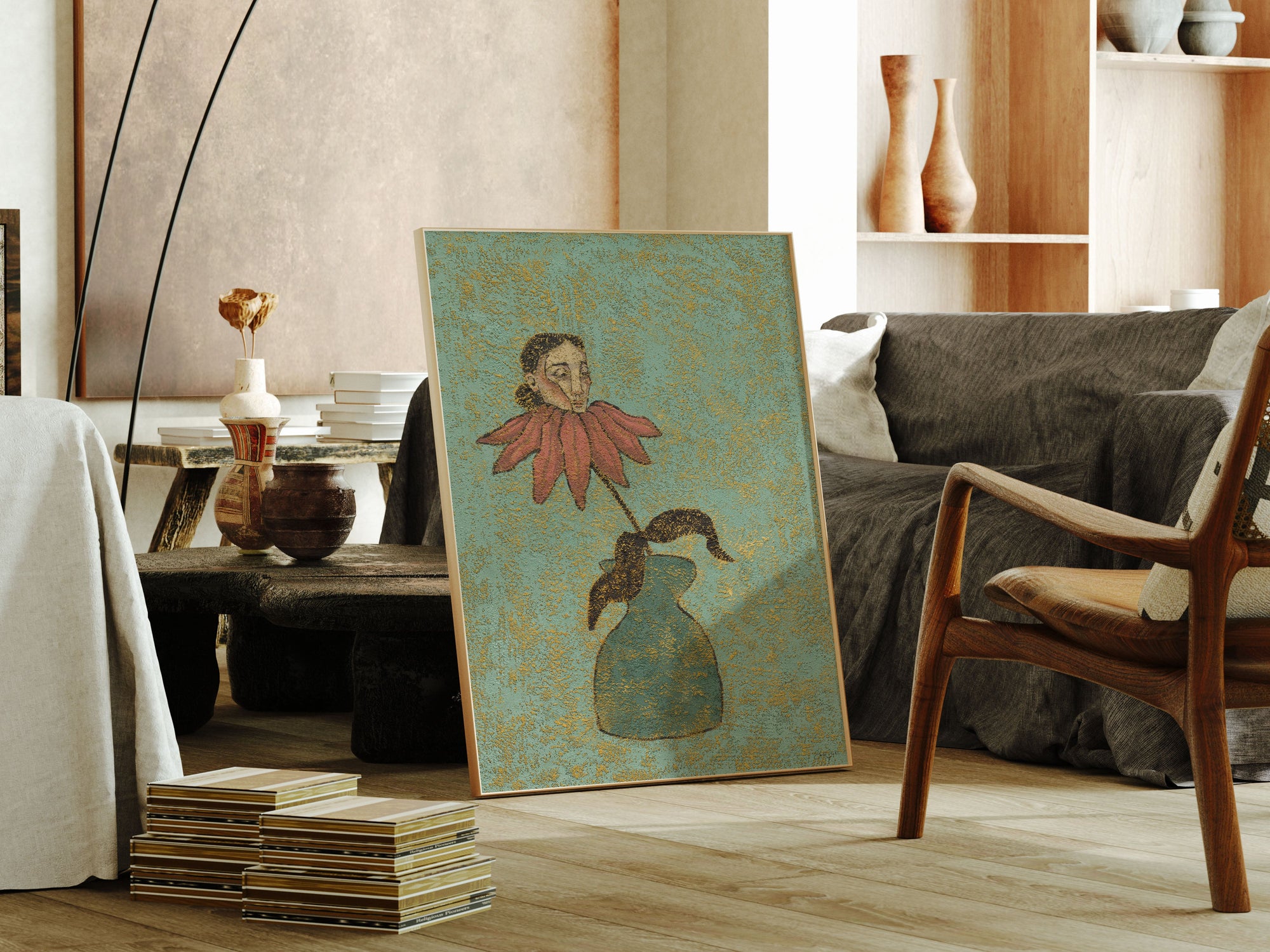 Living room with an art print of a woman with a flower as her body, a sofa, and a chair.