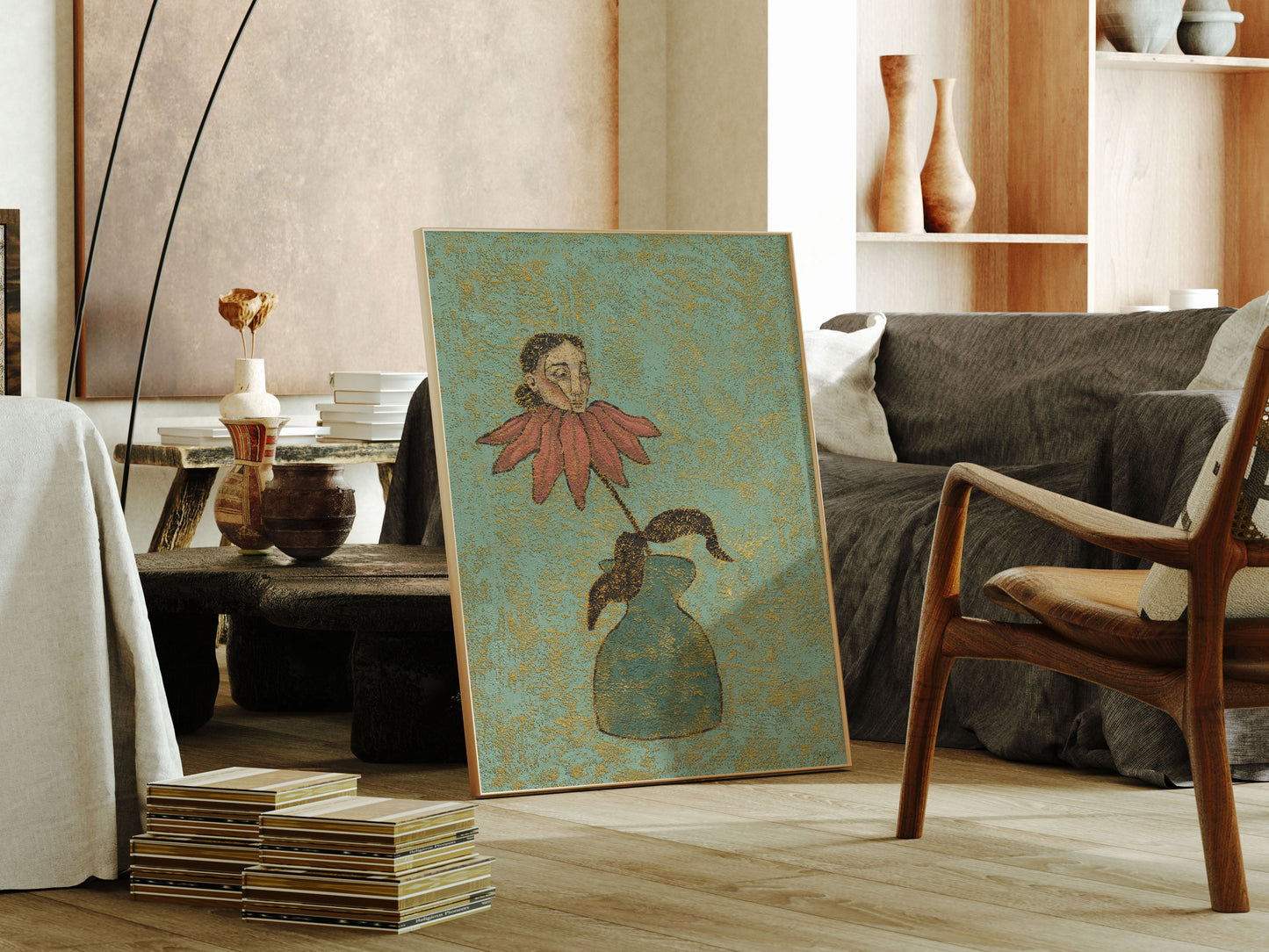 Living room with an art print of a woman with a flower as her body, a sofa, and a chair.