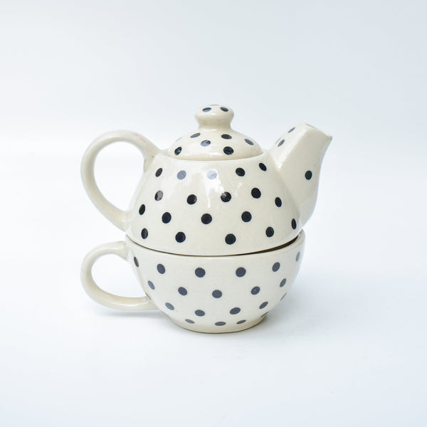 Polka Dot Ceramic Tea Pot and Cup Set 7.5x2.5 Inches - Casa Amarosa