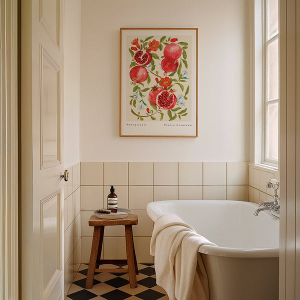 pomegranate botanical vintage inspired fruit print in largest size on bathroom wall.