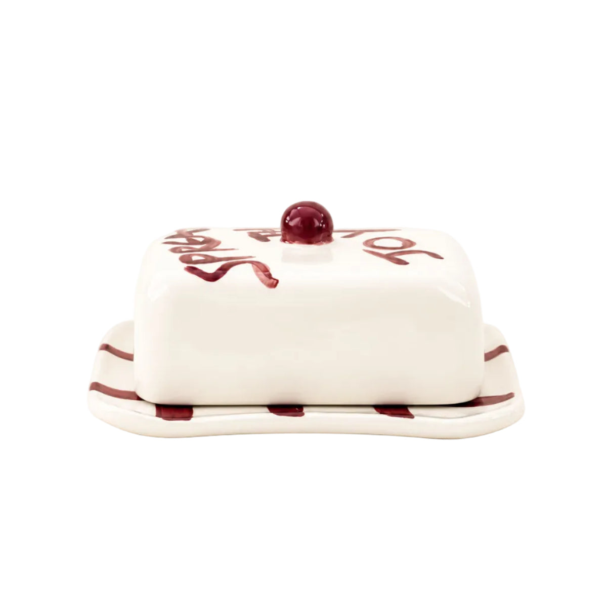 Handmade ceramic butter dish with lid and burgundy check pattern, POMONA Collection