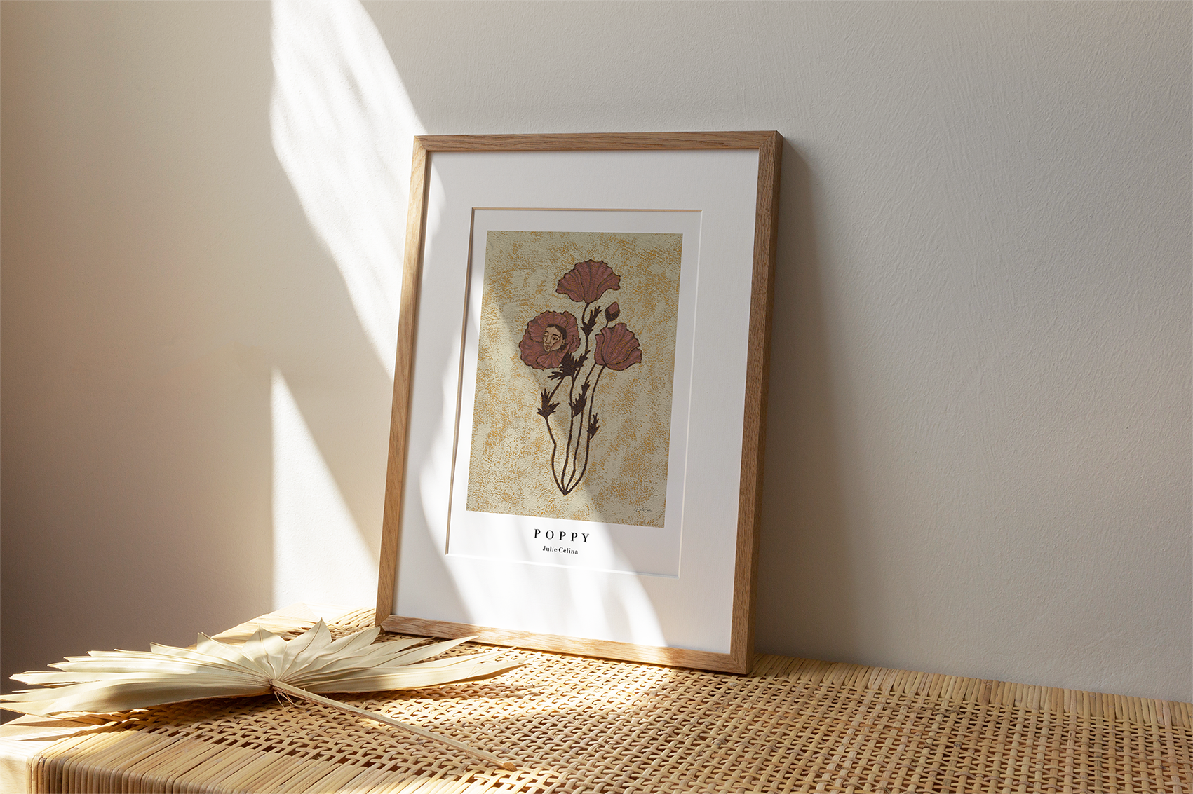 fine art print of a poppy flower with a human face in one of the blooms on a textured background