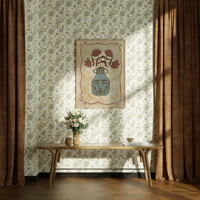 Room interior with floral wallpaper, wooden bench, and decorative wall art.