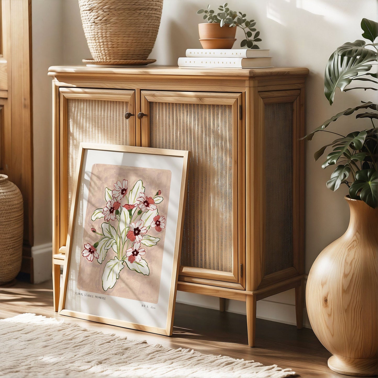 Primrose art print, a dusky light pink painted background with rosey pink and deep maroon flowers and olive green leaves. With small text reading floral studies:primrose NO.4 styled in oak frame against rattan furniture