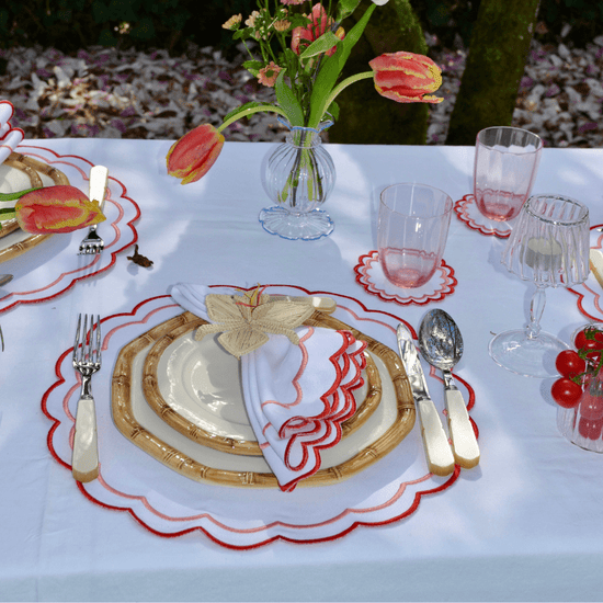 Set of 4 Scalloped Coasters Embroidered Red & Pink