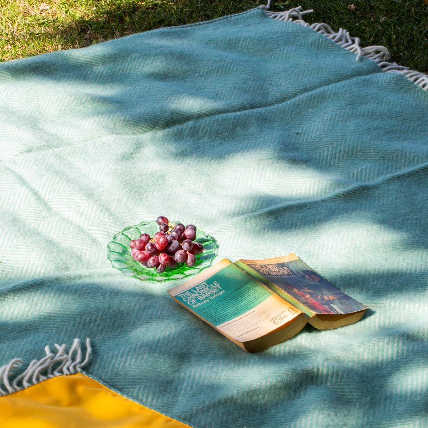 Pure New Wool Picnic Blanket - Mint Green & Yellow